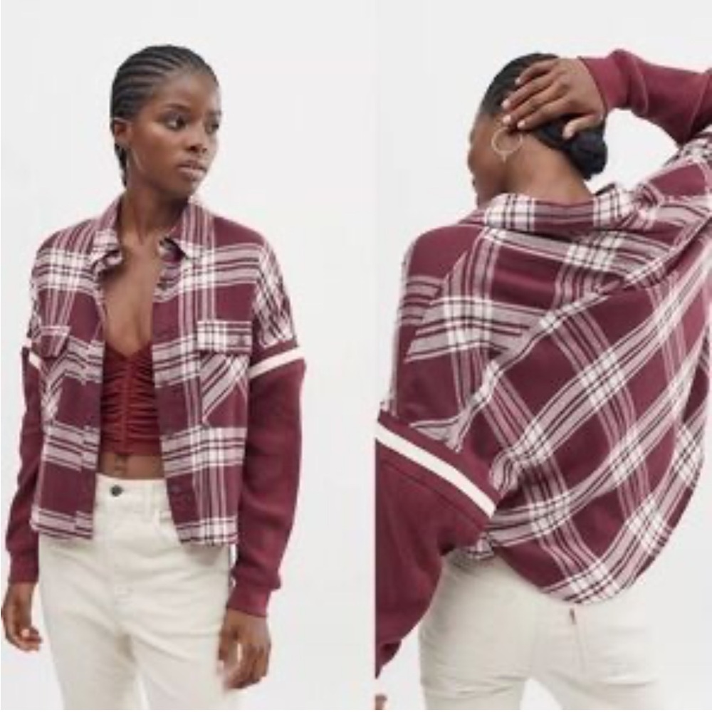 BDG | Burgundy Caleb sporty flannel Crop shirt